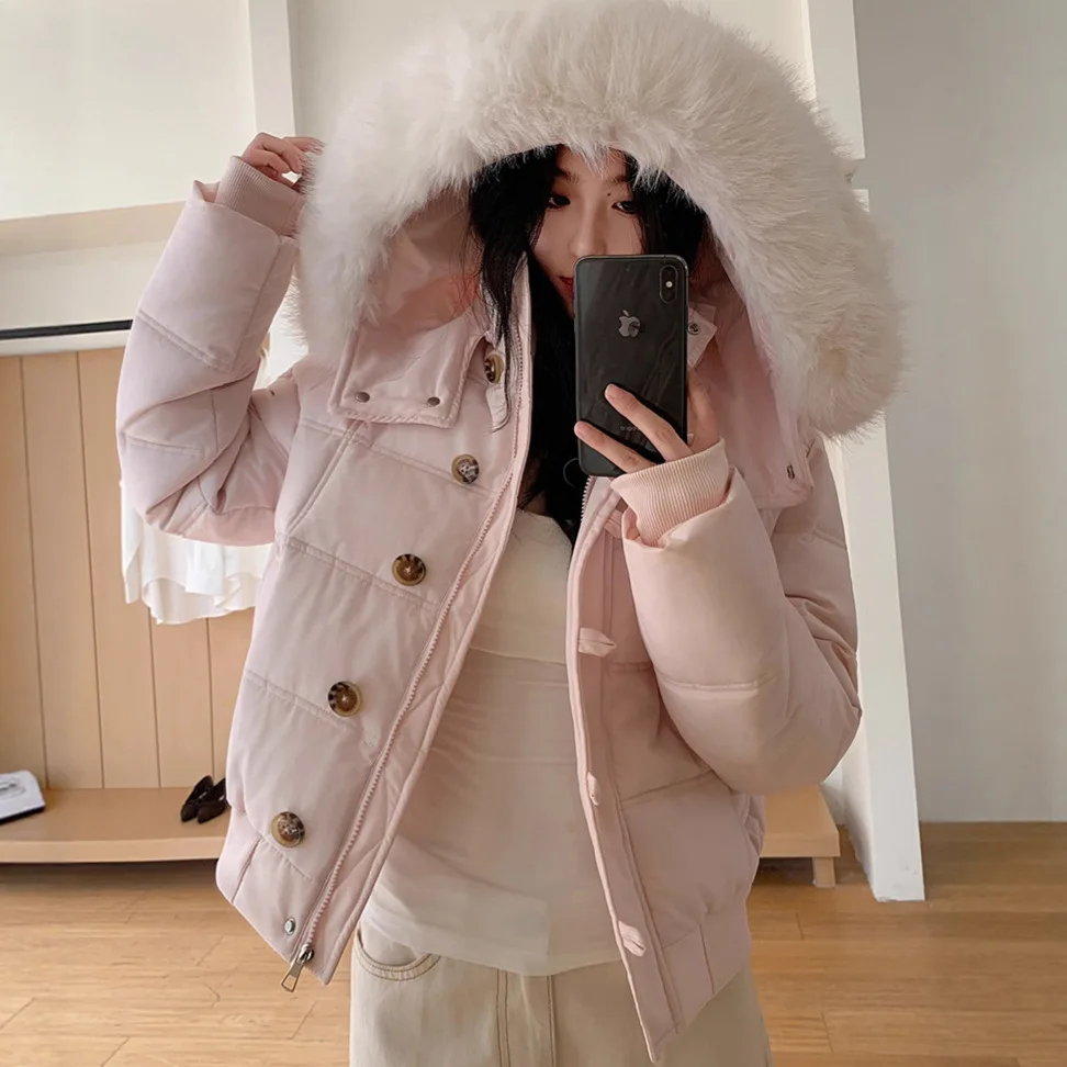 

Short parka hooded women's coat solid color coat large fur collar zipper button thickened loose casual 2025 autumn and winter