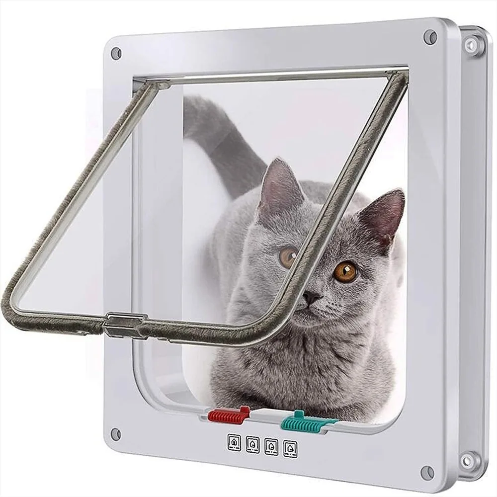 Dog Cat Door with 4 Way Locking Cat Door Flap Screen Pet Gate Cats Flap Window Weatherproof Kitten Puppy Interior Exterior Doors