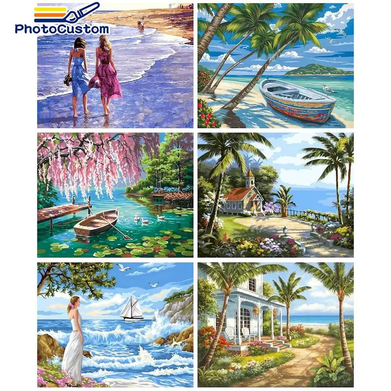 

PhotoCustom Painting By Number Landscape Kits For Adults Handpainted DIY Coloring By Number Tree Home Decoration 60x75cm