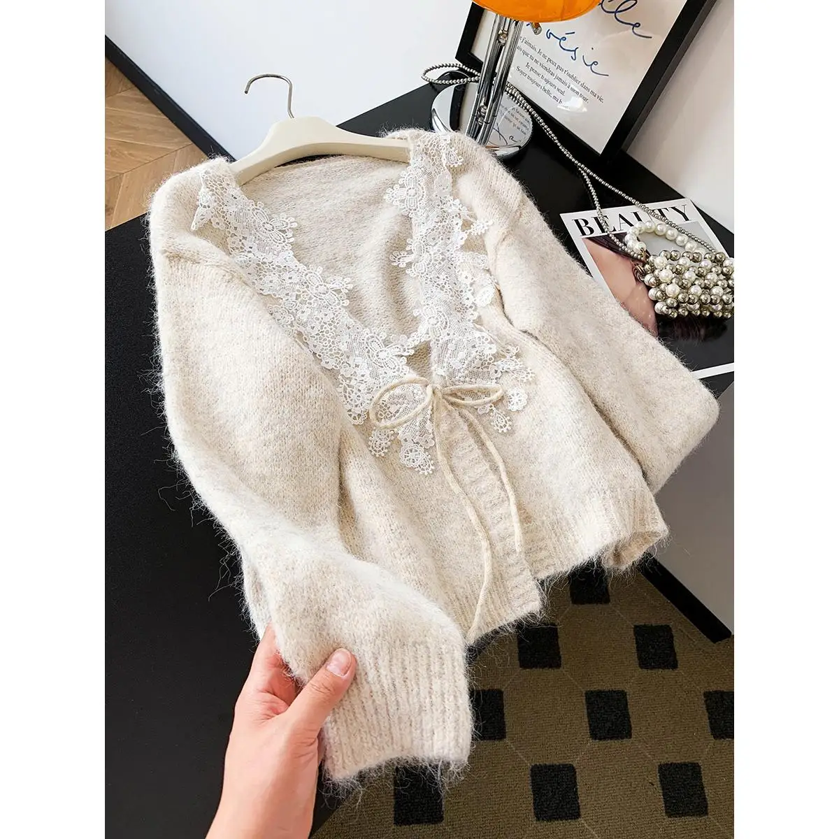 

Romantic Water Soluble Lace Embroidery Splicing Camere Milk Tea Apricot Knitted Open Cardigan Women's Faion Sweater