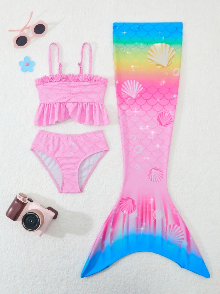 

Bikini Kids Girls Swimsuit 2025 New Pink Ruffle Sling Bikinis Set Children Swimwear Summer Mermaid Tail Beach Wear Bathing Suit