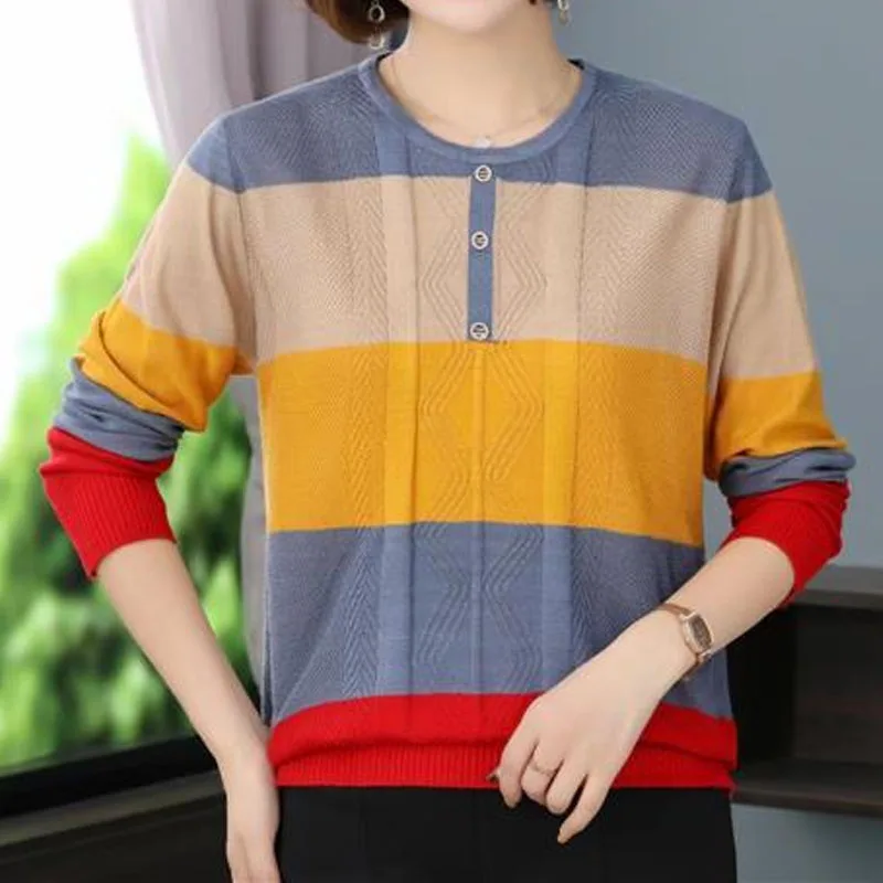 Fashion Contrast Color Striped Knitted Tops Women\'s Clothing Autumn Winter Casual Lady Button Spliced Round Neck Vintage Sweater