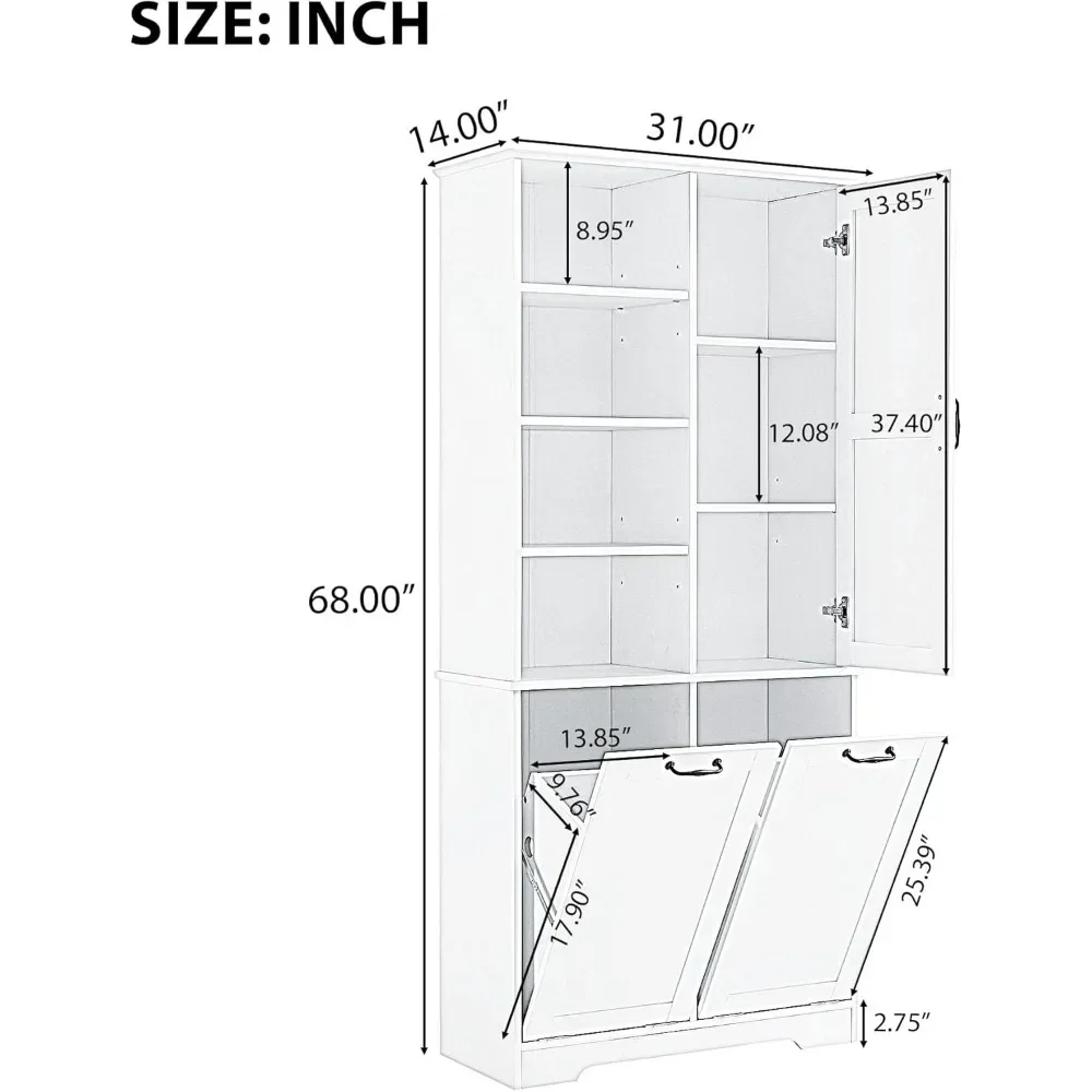 Bathroom Storage Cabinet with Doors and Drawers, Tilt-Out Laundry Hamper, Multiple Storage Space, Freestanding Style, Open Shelv