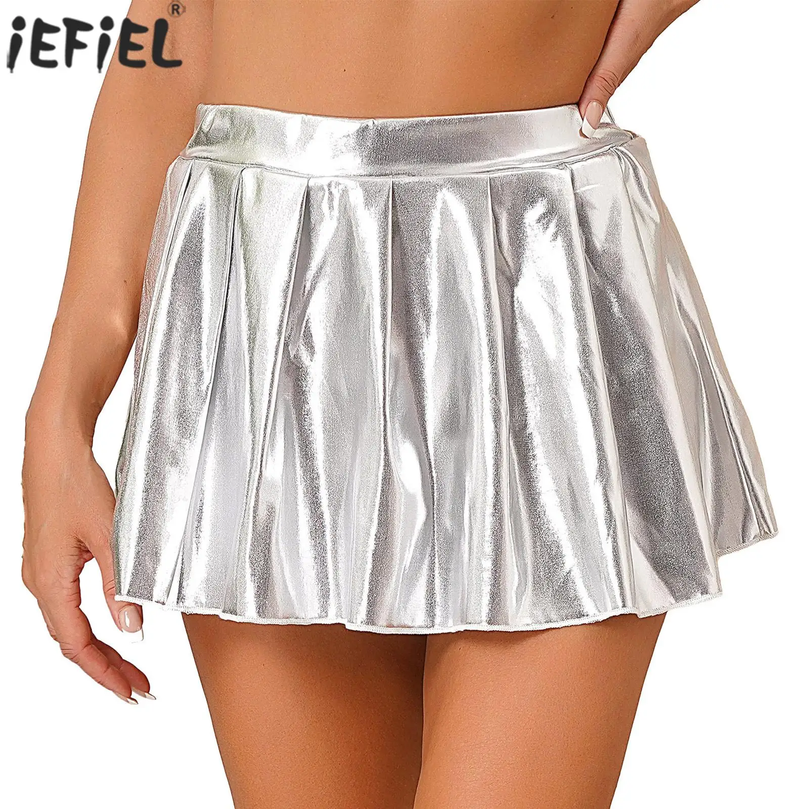 

Womens Shiny Silvery Mini Skirt Office Lady High Waist Flared Pleated Skirts Tennis Skater Skirt for Club Carnivals Cheerleading