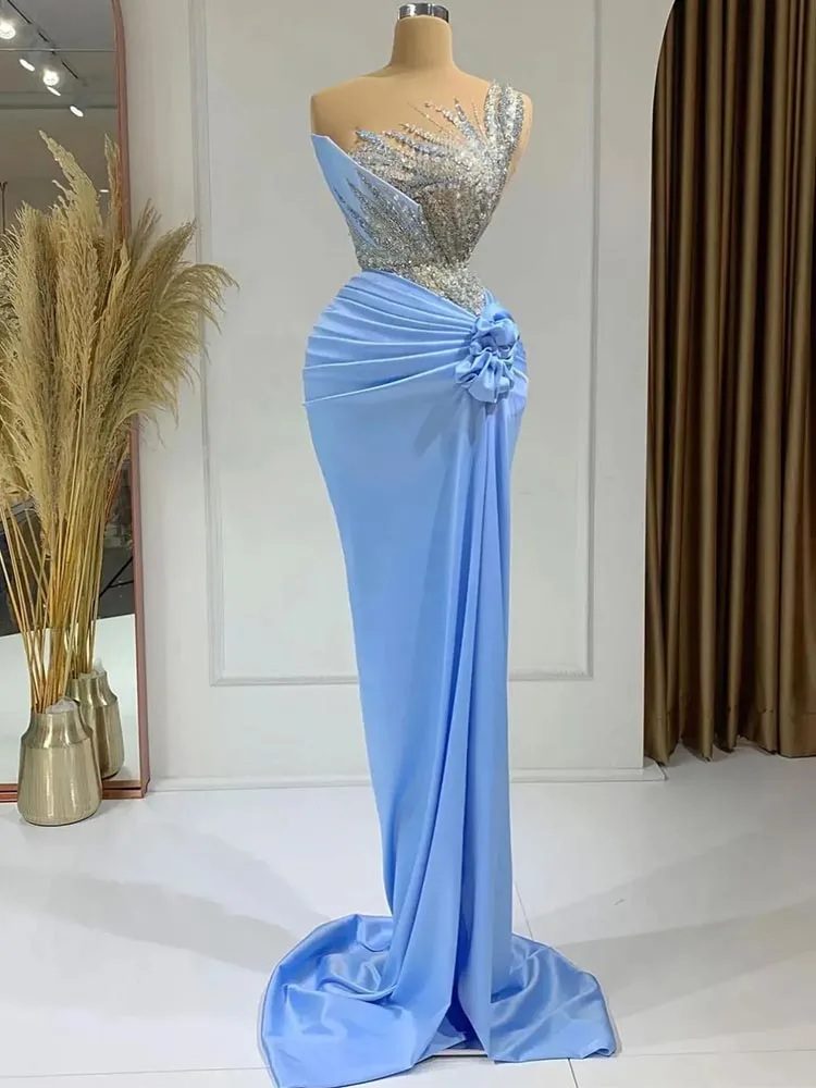 

Blue Mermaid Sleeveless Beads Ruffles Prom Dresses Party Dresses Pleats Sequins Custom Made Evening Dress