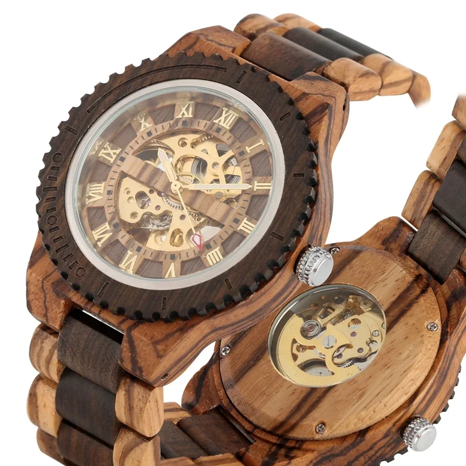 NEW  Luxury Mens Watches Round Automatic Watch for Men Fashion Wood Clock Adjustable Wooden Bracelet Mechanical Wristwatch