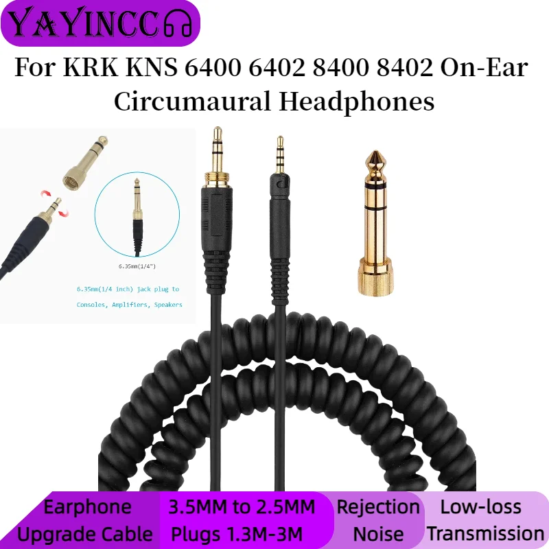 YAYINCC Replacement 3.5MM to 2.5MM and 6.35MM Plugs Stereo Audio Spring Coilded Cable For KRK KNS 6400 6402 8400 8402 Headphones