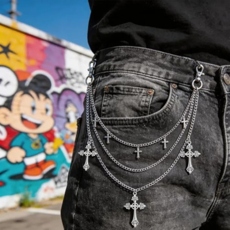 Pants Chain Waist Chain, 3 Layered Silver Cross Punk Chain Belt, Hiphop Gothic Jeans Chain Streetwear Accessories view 6