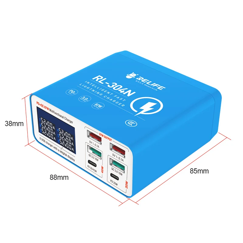 RELIFE Fast Charger Socket 87W LCD Smart Digital Display 6-port USB Desktop Charging Station