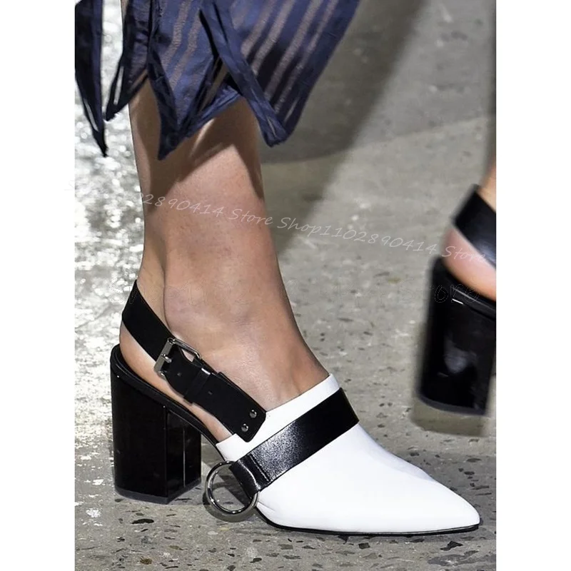 

Black White Buckle Decor Pointed Toe Runway Pumps Slip On Women Shoes Chunky High Heels Fashion Banquet 2024 Zapatos Para Mujere