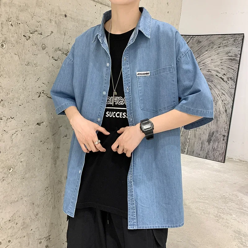 2023 Summer New Fashion Denim Short Sleeve Shirt Men Korean Fashion Retro Casual Loose Cardigan Short Sleeve Jacket Simple Style