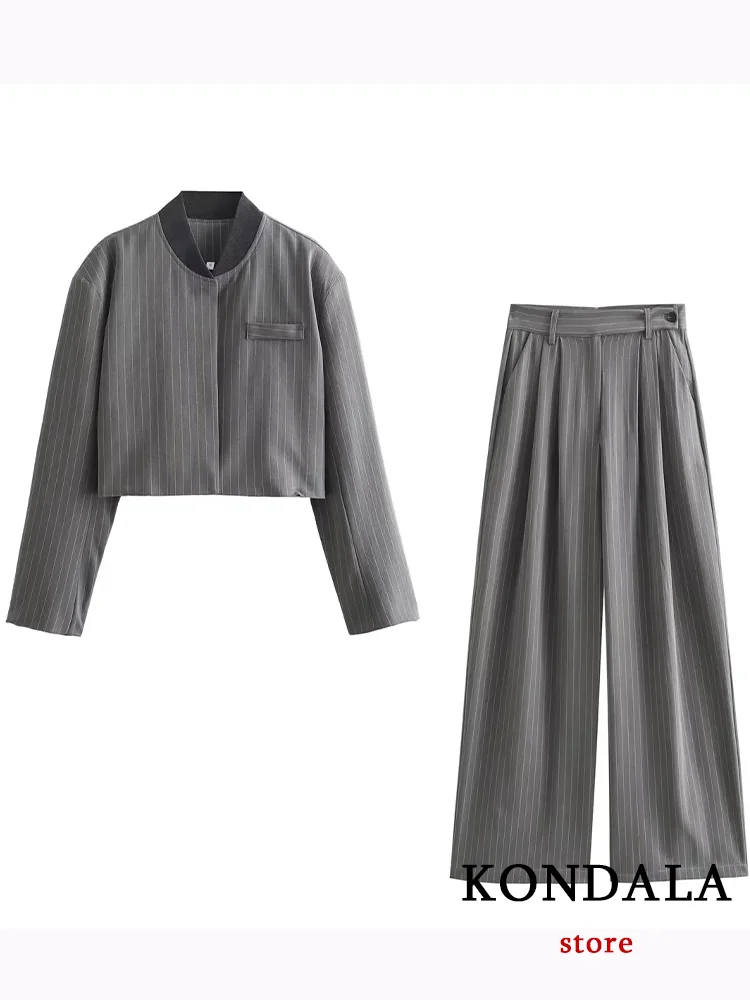 KONDALA Casual Chic Gray Striped Women Suit O Neck Blazer Straight Loose Pants New Fashion 2024 Autumn Winter Office Lady  Sets