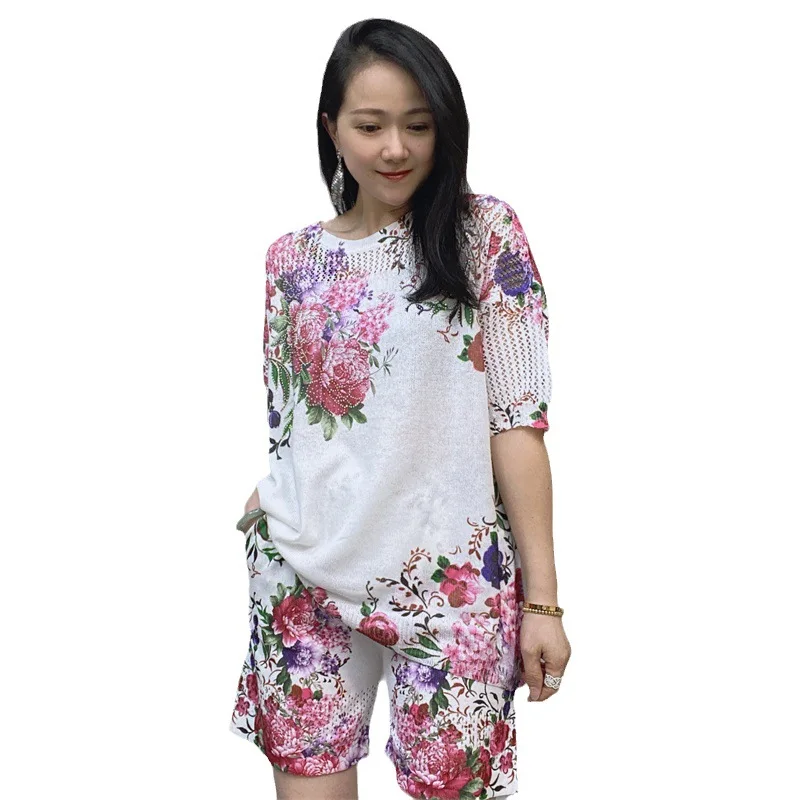 Women Suits Short Set Women Loose Summer Tees And Shorts 2PCS Casual Sequinis Thin Suit Women\'s Two-piece Suit