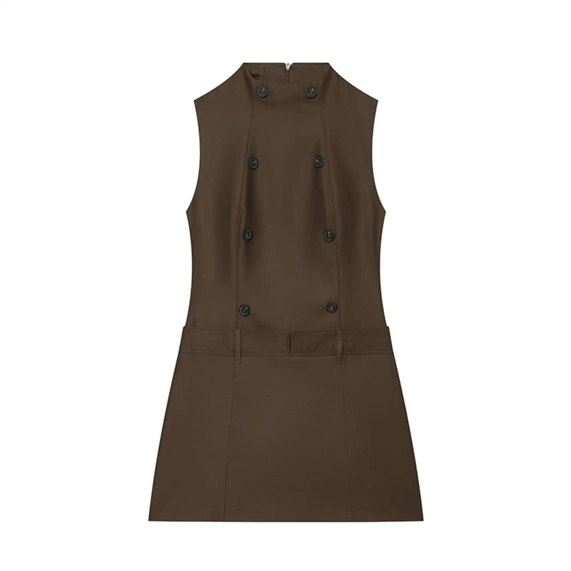 TFMLN Neues Damen-Weste-Kleid mit Stehkragen, ärmellos, mit dekorativen Knöpfen, trendiges, figurbetontes, alltagstaugliches, modisches Minikleid – Detail 2