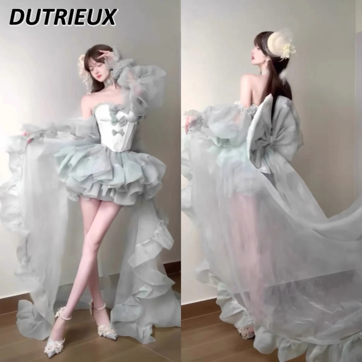 เจ้าหญิงหวานสไตล์สตรีชุดปาร์ตี้วันเกิดอ่างด้านบนโบว์ปิดไหล่Slimmingสั้นSuspender Topsและกระโปรงพัฟชุด