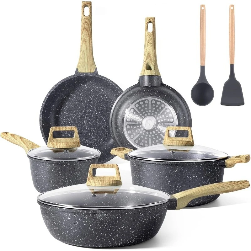 

Набор кастрюль и сковородок с антипригарным покрытием - 10 шт., наборы кухонной посуды из белого гранита, антипригарная индукционная посуда, набор сковородок с