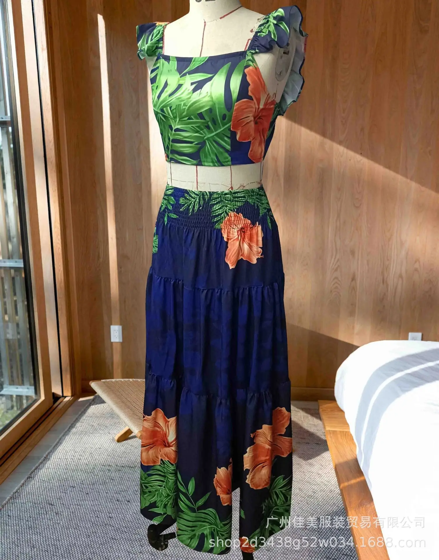 Positioning Printed Skirt Set Spring Summer New Fashion Women's Clothing A-word Long Style And Ankle Temperament Sexy High Waist