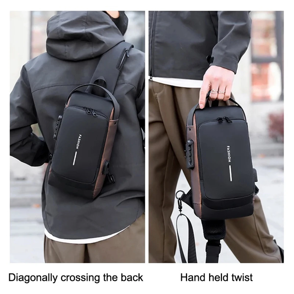 メンズ盗難防止パスワードロックチェストバッグ多機能防水調節可能なショルダーストラップUSB充電カジュアルクロスボディバッグ