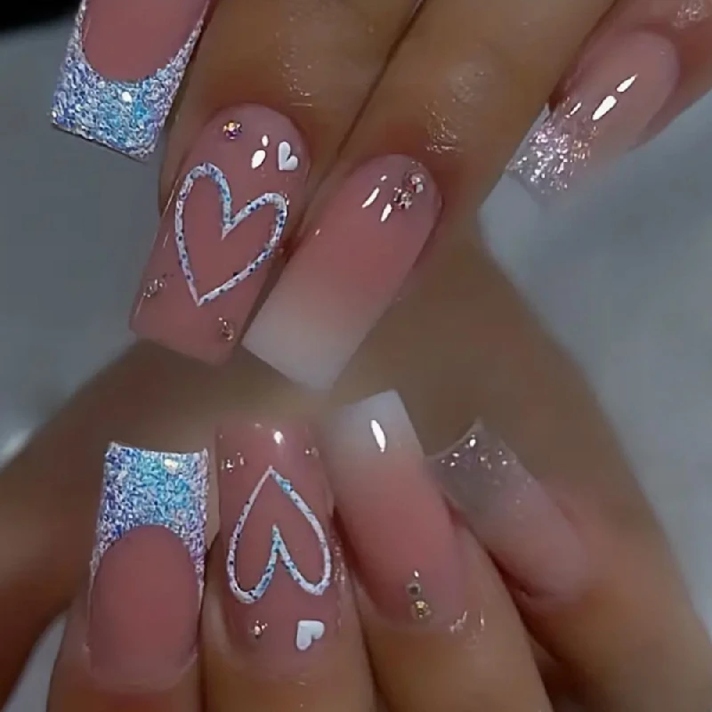 24 Small Diamond Pink Heart Fake Nails+1 Piece of Jelly Glue+1 Nail File