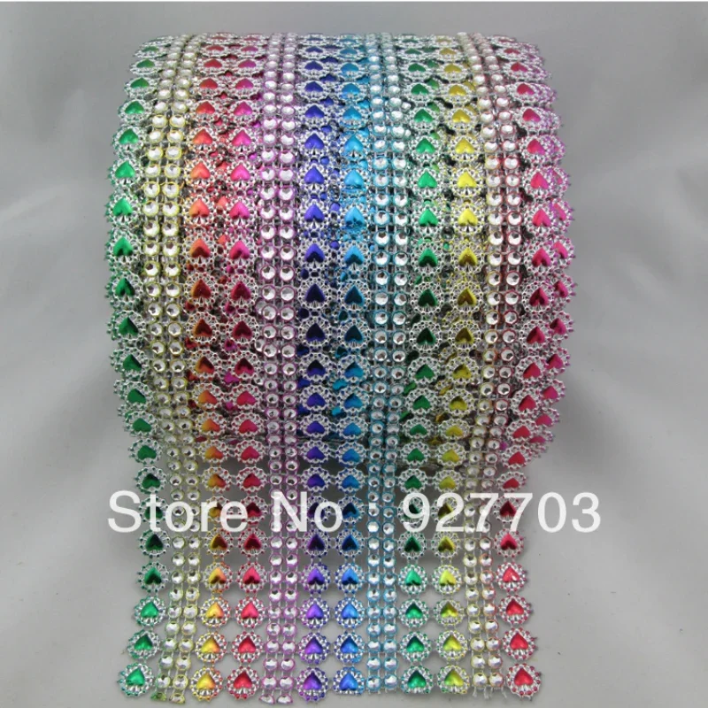 1 Yard Colorful Heart Sparkle Rhinestone Crystal Diamond Mesh Wrap Roll Ribbon