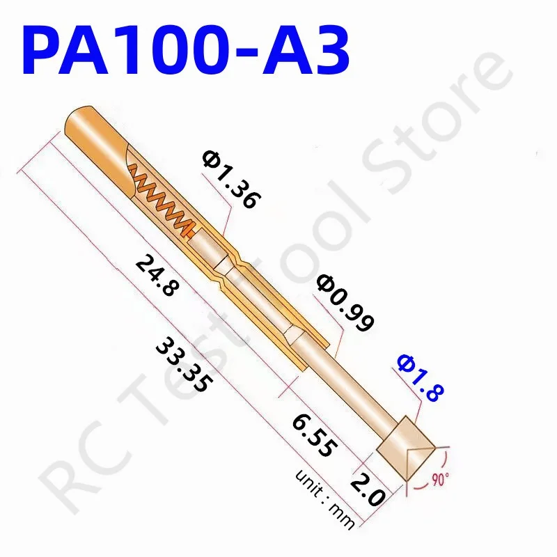 

100PCS PA100-A3 Spring Test Probe PA100-A Test Pin Test Tool 33.35mm Dia1.36mm Gold Needle Tip Dia 1.8mm Pogo Pin P100-A P100-A3