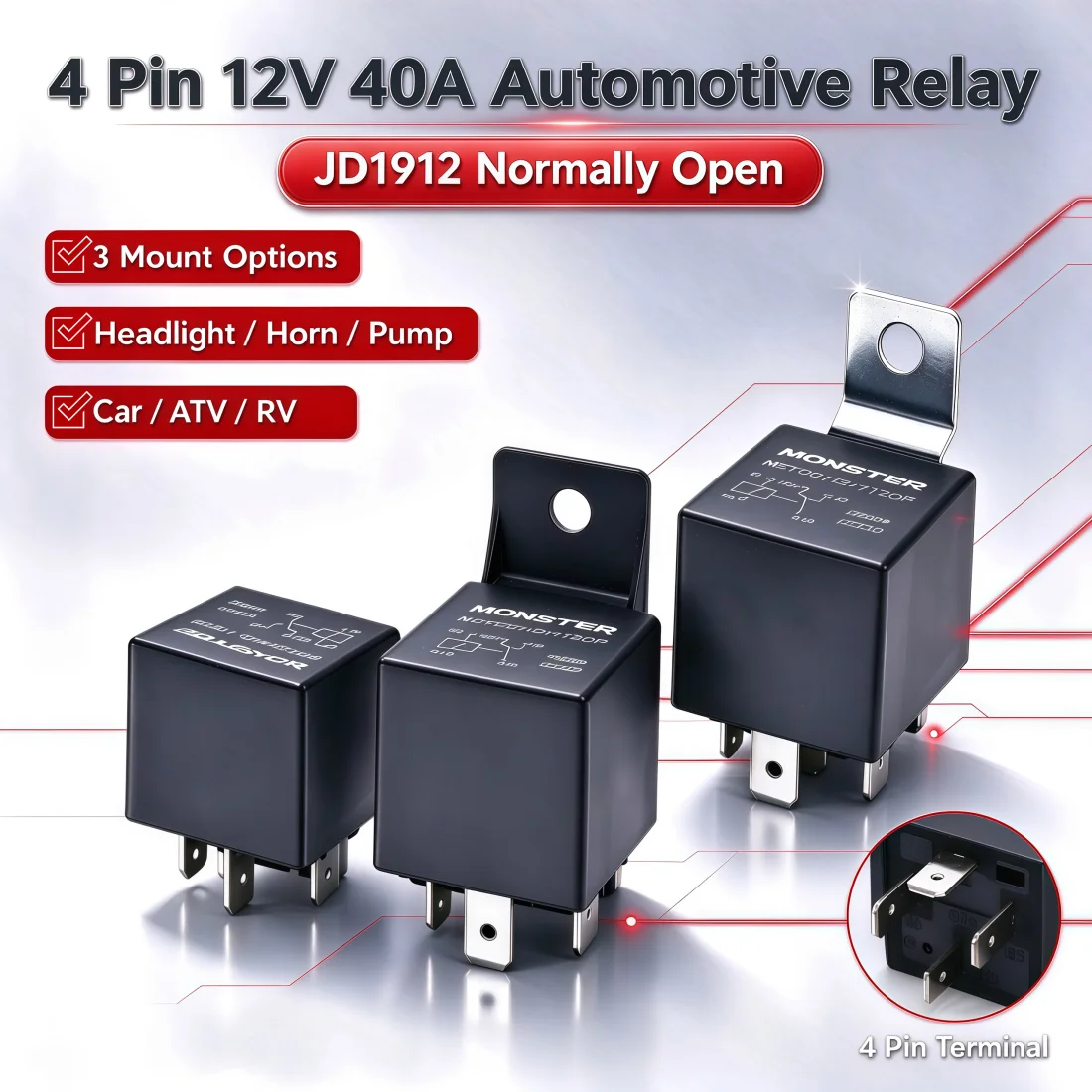 Universal 12V 40A 4Pin Automotive Relay JD1912 Normally Open Relay with 3 Mount Options for Car ATV RV Headlight Horn Water Pump