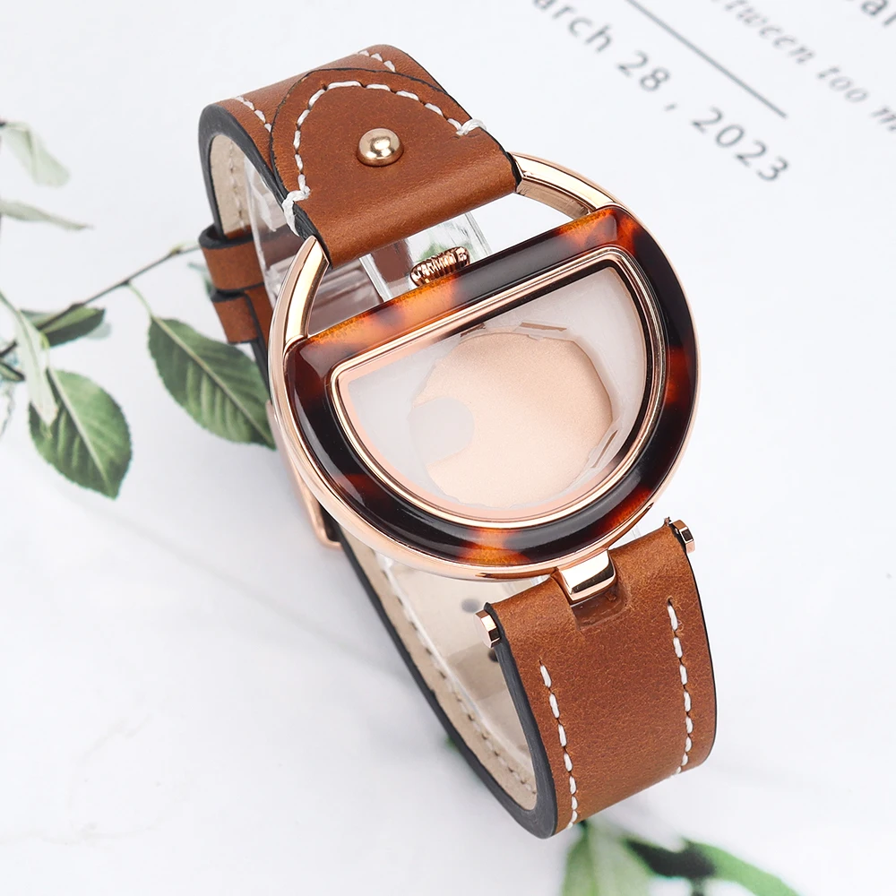 Fashionable Elegant Retro 37MM Watch Case For 762 Quartz Movt Girls Gift Ladies Accessories Leather Strap Irregular Dial Relojes