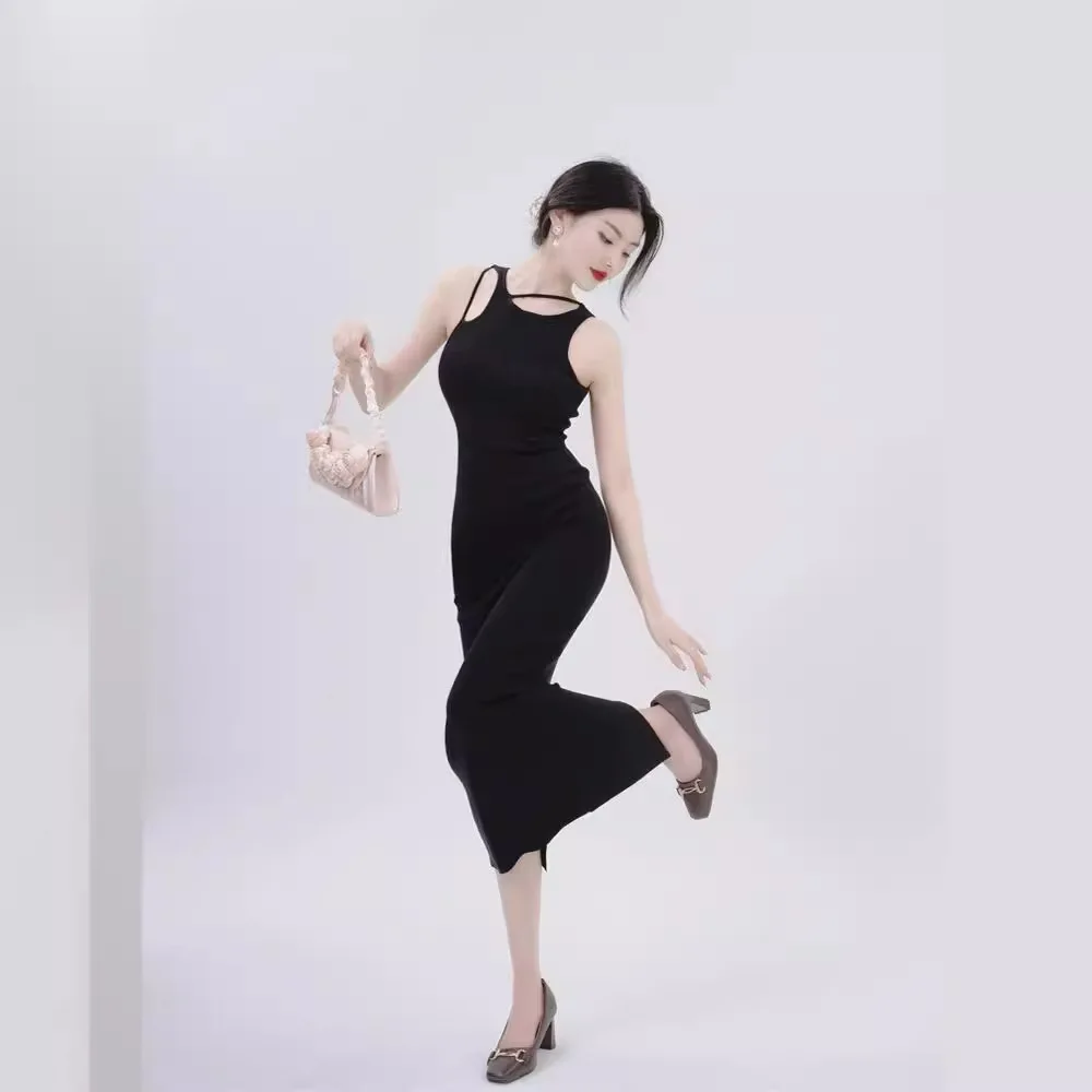 

6937 Ice Silk Delicate Non-Deforming Round Neck Tie Sexy Slim Fit Slimming Split Vest Dress