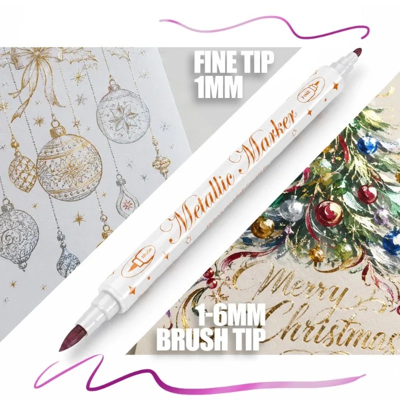 12 Colors Dual Tip Acrylic Marker Christmas Set Metallic Color Craft Signature Pen Hand Painted Card DIY Brush Pen Set Gift