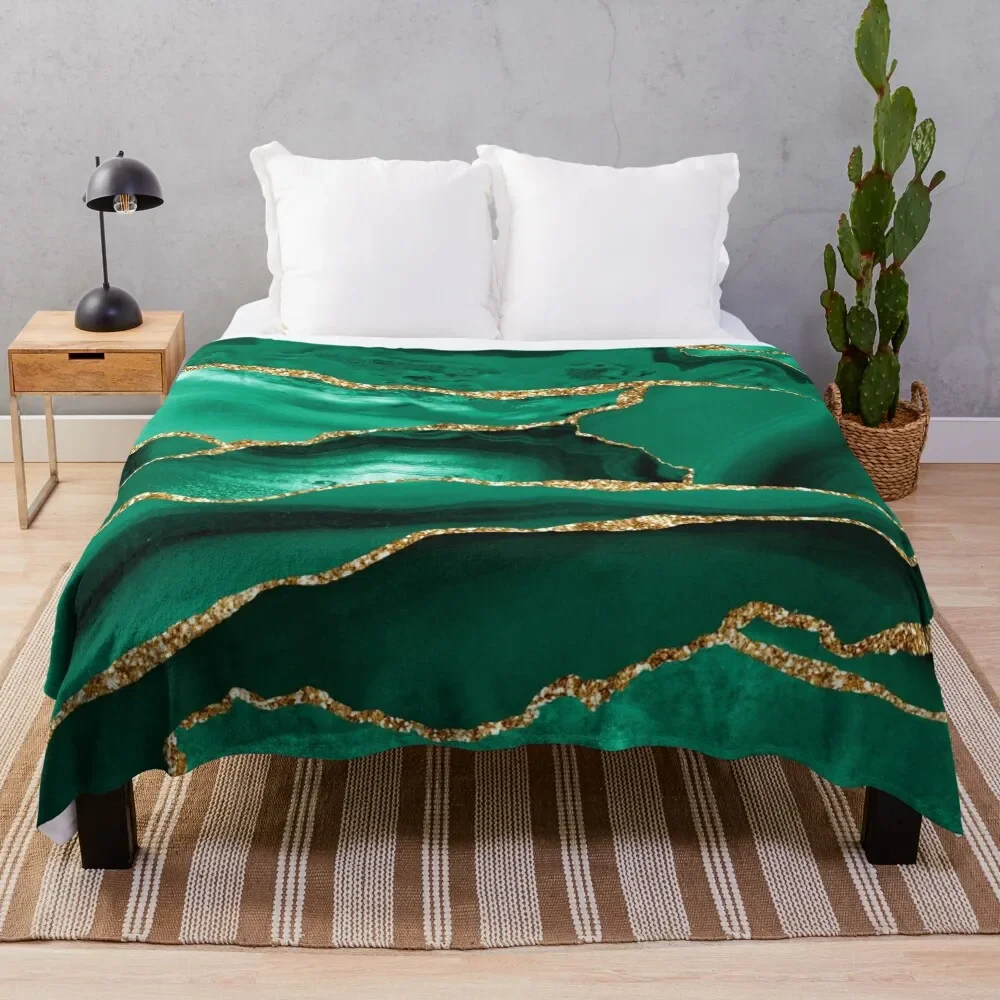 Emerald Green Malachite Faux Marble With Gold Glitter Throw Blanket Luxury Thicken Blanket Decorative Sofa Blanket