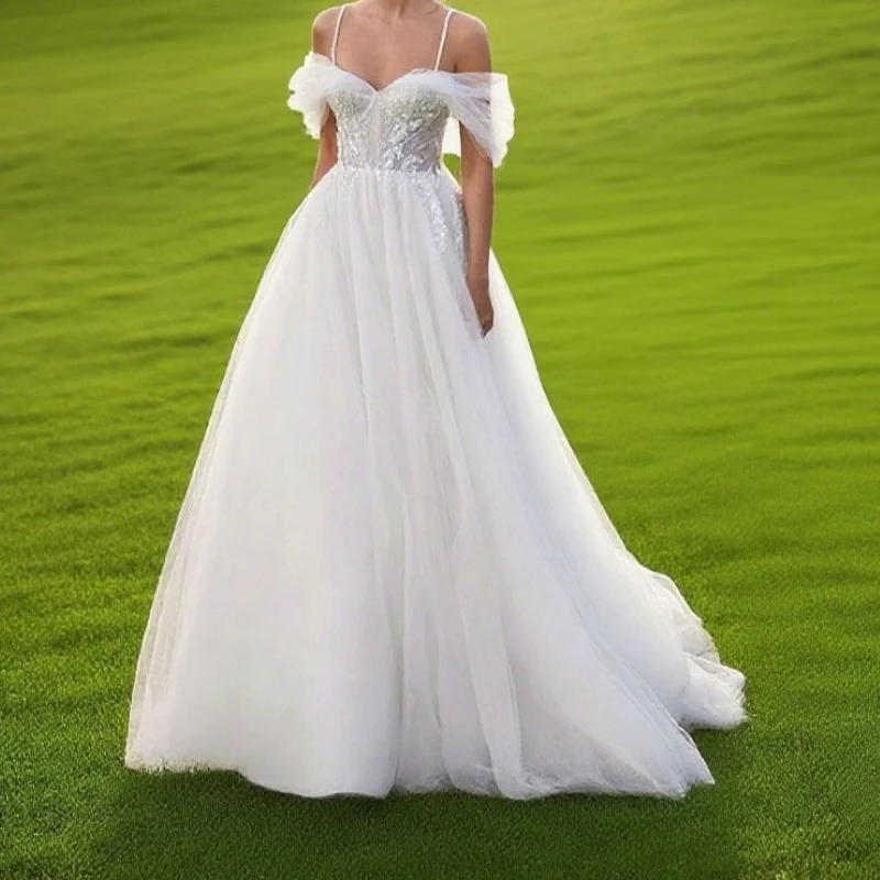 

New Bridal Gowns Off Shoulder Wedding Dresses Sweetheart with Straps Wedding Gowns Lace Robe de mariée Open Back Customized