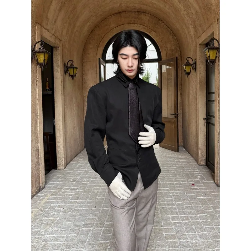Men Court Style Ribbon Waist Seal Long-sleeved Shirt
