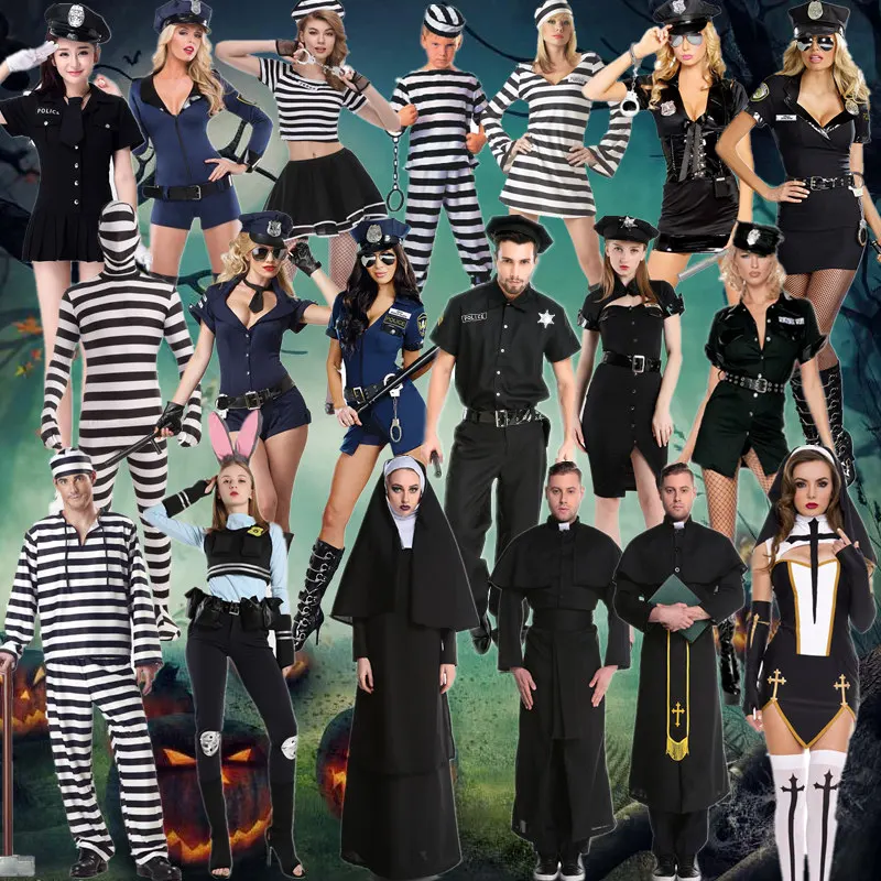 

loween Cross Costume Men Women Police Mary Prisoner Suit Polyester Fiber Stage Costume Traditional Chinese Clothing