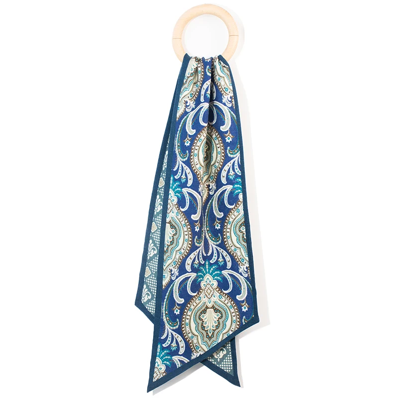Women Reversible Wool Silk Skinny Scarf Blue Paisley Print Hand Roll Ribbon Neck Tie Hairband Bag Strap Office Travel Accessory