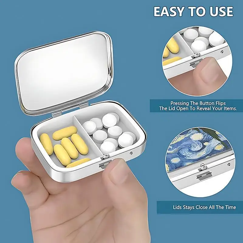 New LUCKY TUNA Sardines Print Metal Pill Box Portable 2-Compartment Travel Pill Organizer For Vitamins & Pills