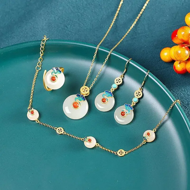 Designer original natural Hetian white jade jewelry set Chinese unique ancient gold craftsmanship anniversary gift