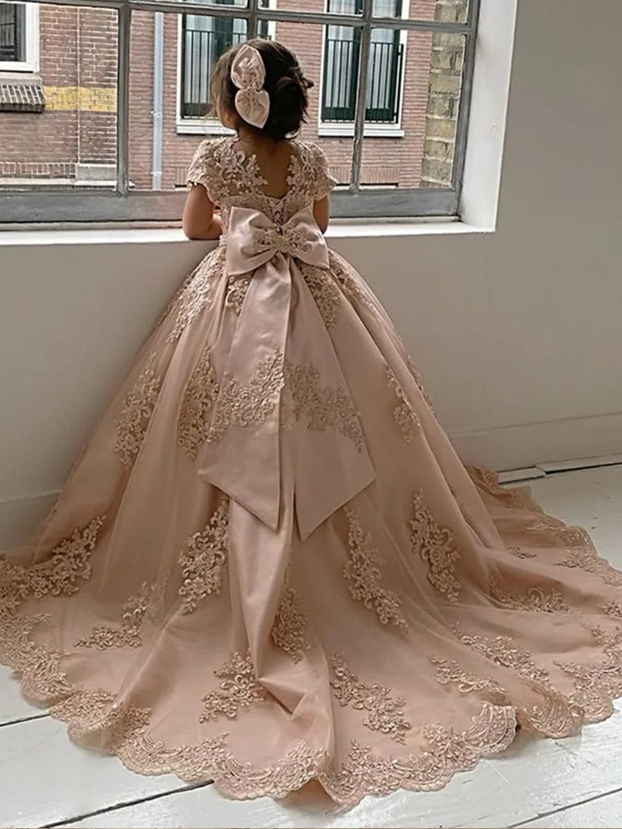 Girls Princess Flower Girl Dresses for Wedding With Bow-knot Beaded Appliques Pageant Dress Kids Long Train Wedding Party Gowns