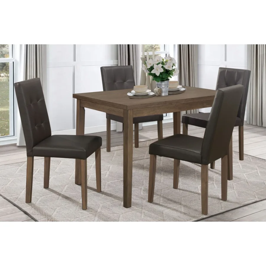

Walnut Brown Finish 5pc Dining Set Rectangular Table and 4 Side Chairs Tufted Upholstered Seat Back Wooden Kitchen Set Dining R