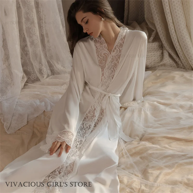 Bride Wedding Robe Dress White Ice Silk Satin Long Kimono Bathrobe Gown Sexy Lace Trim Nightgown Home Clothing Loose Loungewear