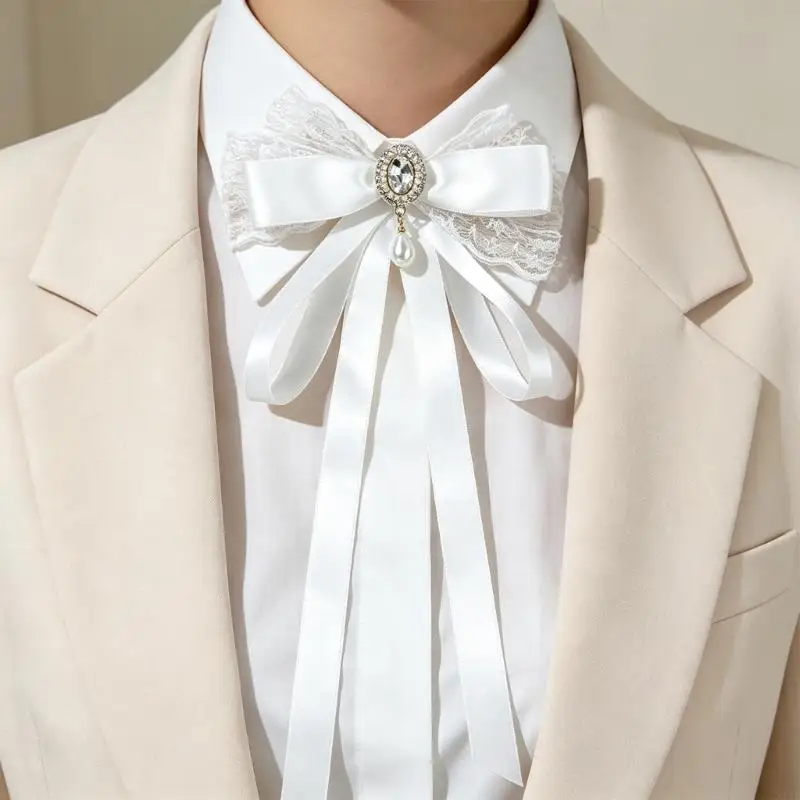  Ribbon Brooch Pin, Soft Luster Collar Bowtie for Shirts, Sweaters and Jackets for Commute and Party Outfit Styling