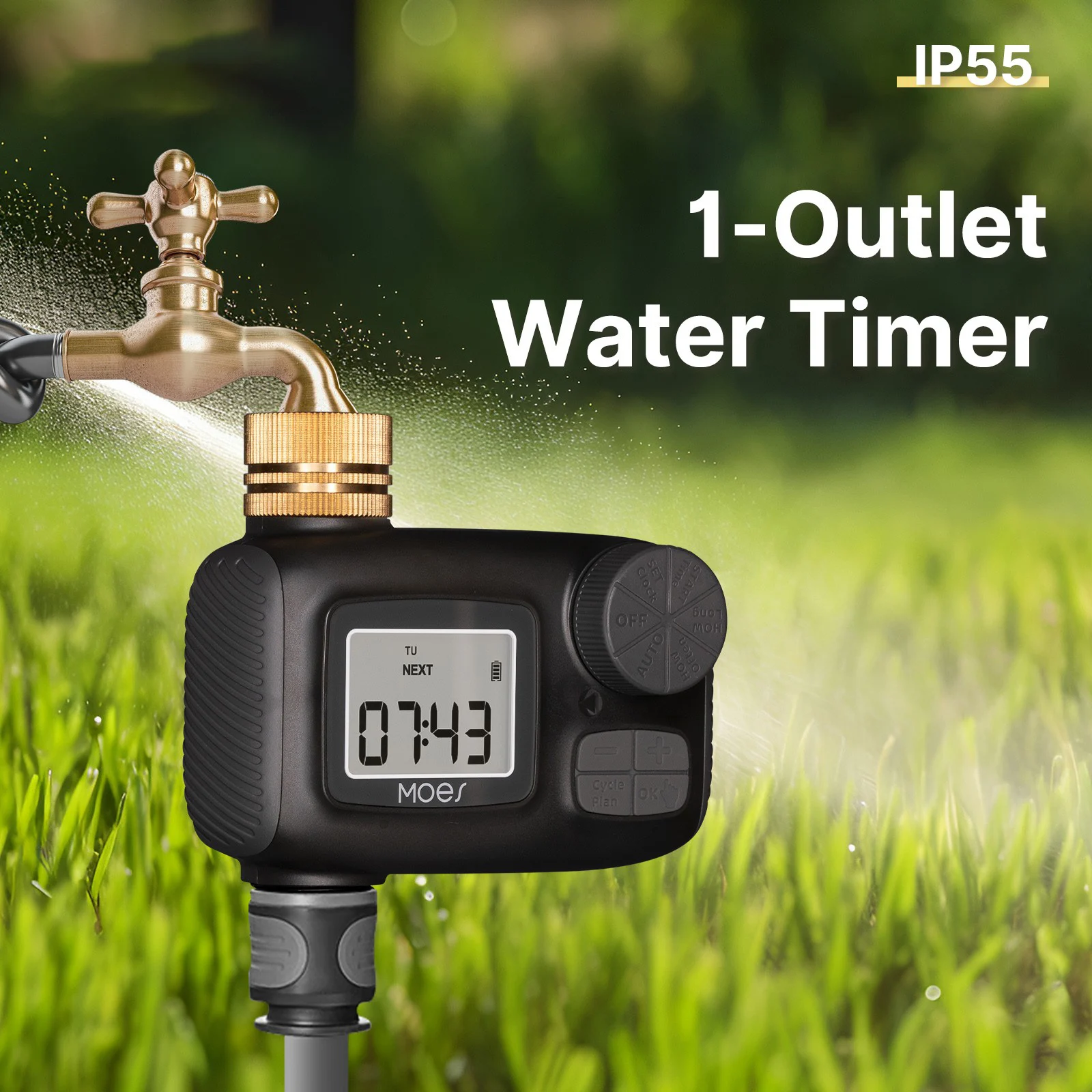 For MOES Water Timer Intelligent Irrigation Watering System 1-Outlet IP55 Waterproof Brass Inlet Rotary Knob Button Control