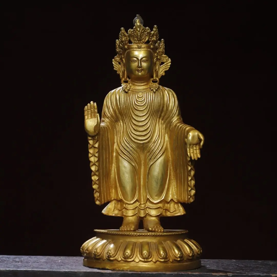 Northern Wei Sandalwood Buddha Statue Pure Brass Gold Plated Vintage Home Altar Desk Decor