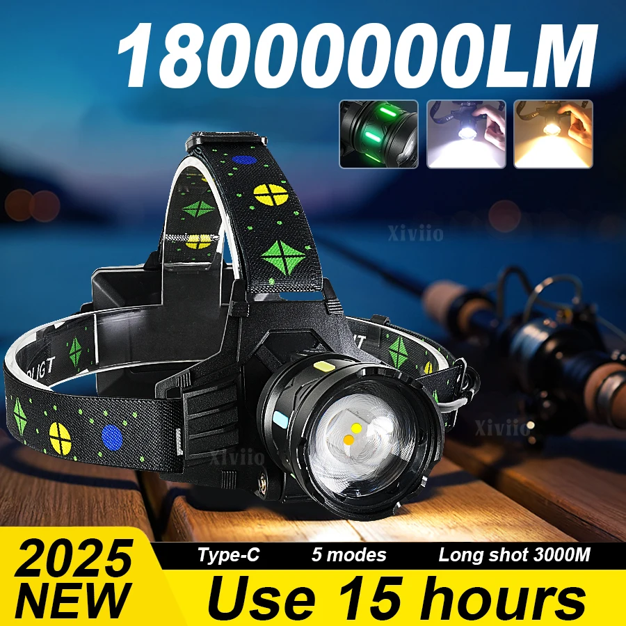 18000000LM أقوى كشافات أبيض/أصفر أضواء قابلة للشحن LED المصابيح الأمامية استخدام 15 ساعة التخييم الصيد رئيس مصباح يدوي