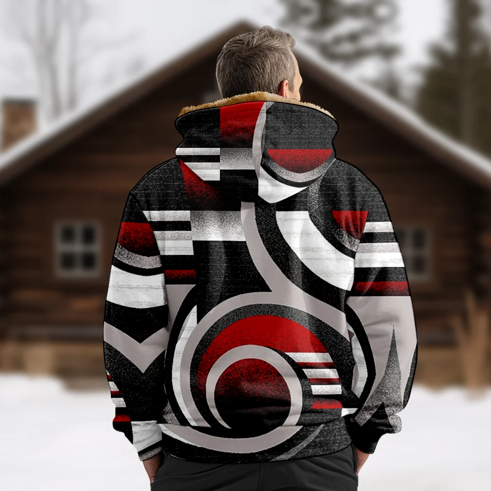 Men's Winter Jackets Coats,Fashion Red Black Psychedelic Geometric Pattern Cotton Clothes Overcoat Breathable Home