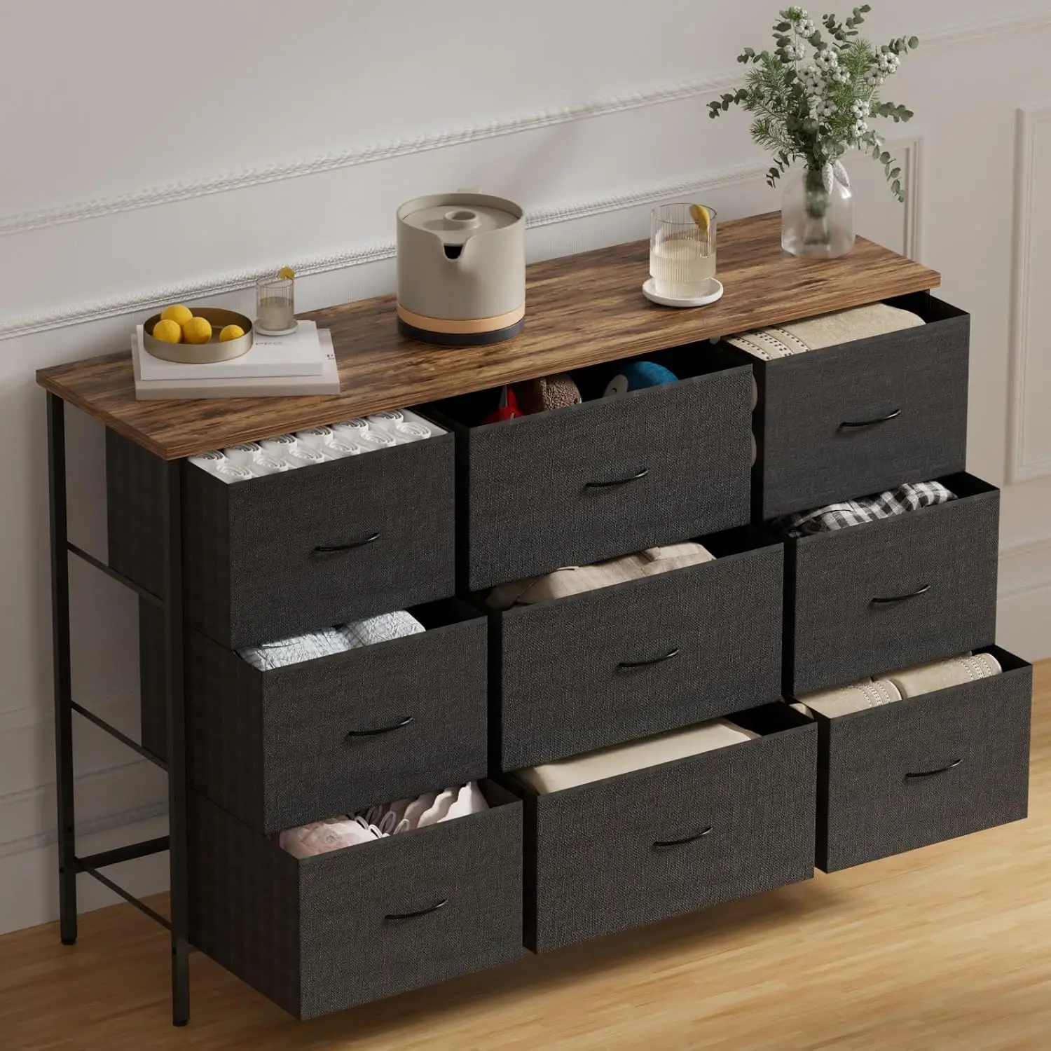 

Wide TV Stand for Bedroom, Dresser with 9 Deep Drawers, Fabric Storage Cabinet, Modern Chest of Drawers for Closet, Nursery,
