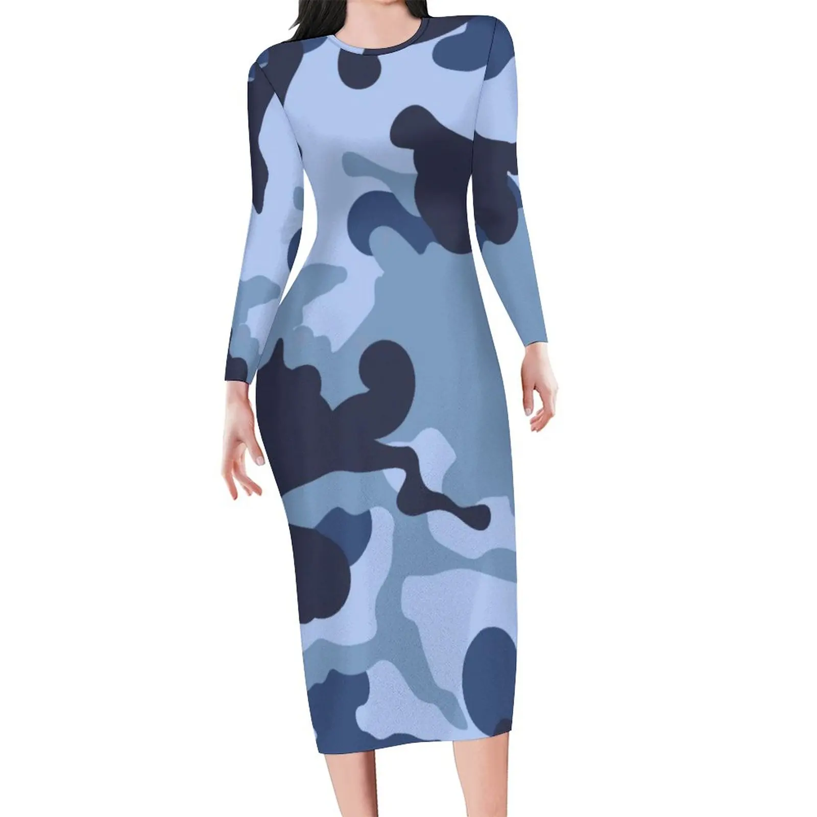 Blue Camo Dress Ladies Military Camouflage Print Street Fashion Bodycon Dress Spring Long Sleeve Club Dresses Graphic Clothing