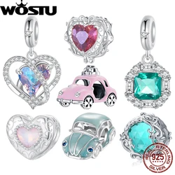 WOSTU 925 Sterling Silver Vintage Pink Heart Charm Square Green Mainstone Pendant Car Beads Fit Original Bracelet for Women DIY