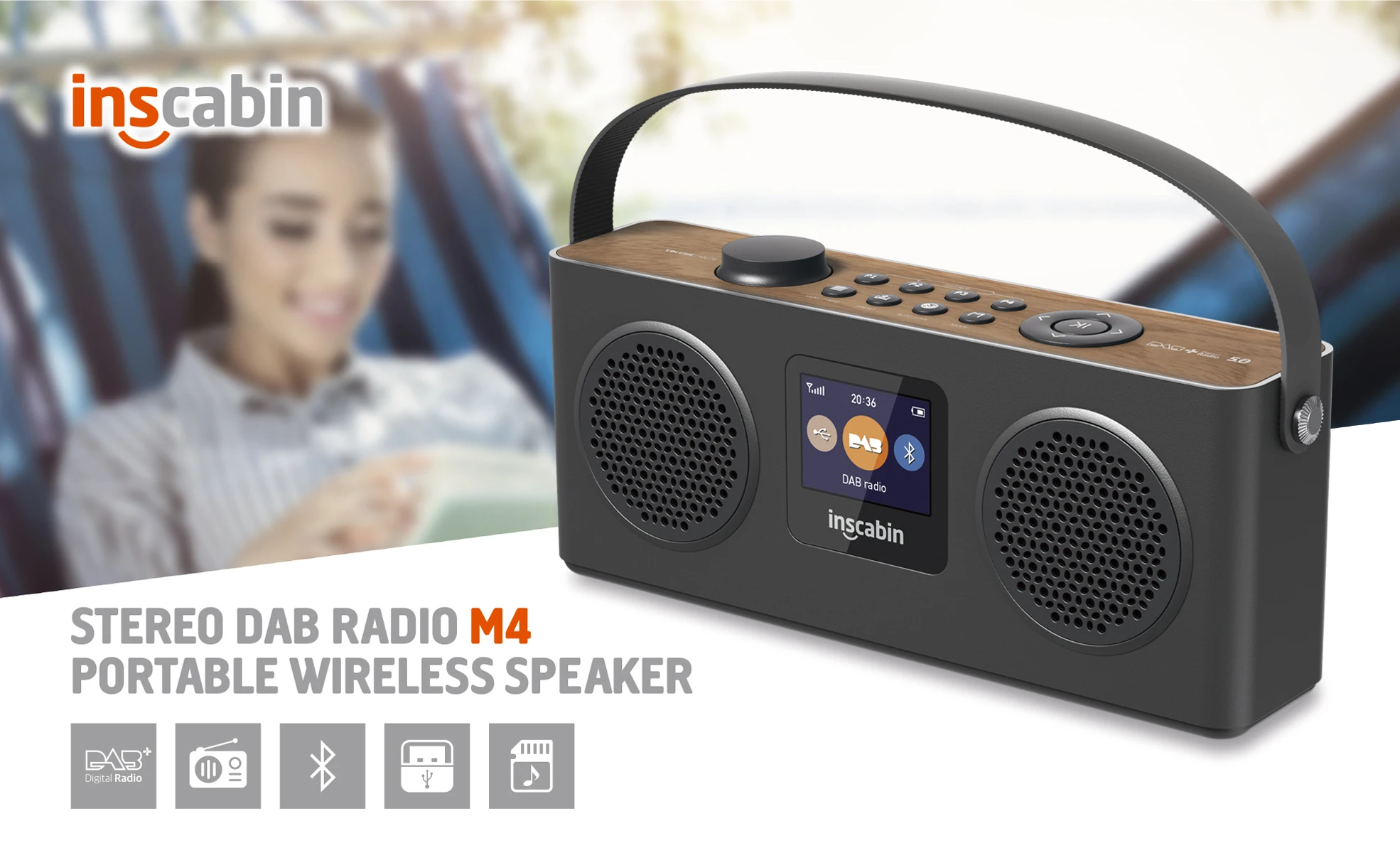 Inscabin M4 DAB Radio Portable Wireless Speaker with Bluetooth, FM/Color Screen/Rechargable Battery/TF/USB