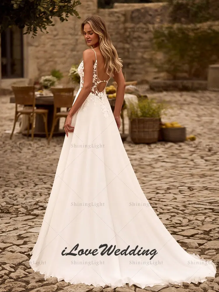 ShiningLight Backless V-Neck Wedding Dresses Applique A-Line Chiffon Spaghetti Straps Boho Beach Bride Gowns 2026 Customized