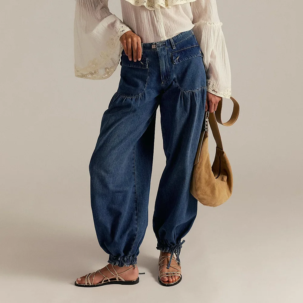 Elegant Women's Jeans, Loose Fitting Women's Pants, Small Leg Strap, Straight Leg, Variable Lantern Jeans, 2026 New Style